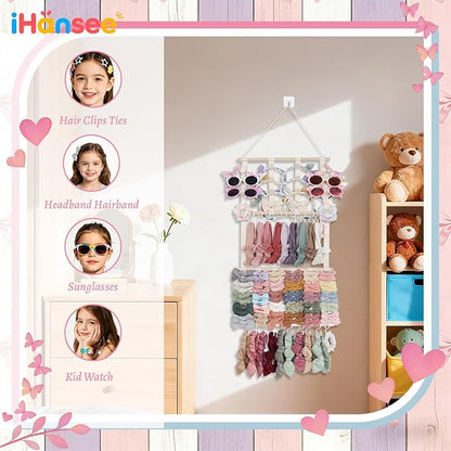Hair Bow Organizer for Girls, Large Capacity Headband Holder Bow Holder W/ 20 Hooks & 8 Ribbons, Wall Hair Accessory Organizer for Baby Nursery Room Decor(30x14 Inch,Beige)