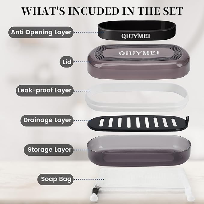 Shampoo Bar Holder Travel Case | Leakproof Soap Container with Lid & Drain Tray | Includes Silicone Strap and Soap Bag | Compatible with Kitsch Solid Shampoo and Conditioner Bars (Black, Large)