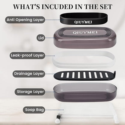Shampoo Bar Holder Travel Case | Leakproof Soap Container with Lid & Drain Tray | Includes Silicone Strap and Soap Bag | Compatible with Kitsch Solid Shampoo and Conditioner Bars (Black, Large)