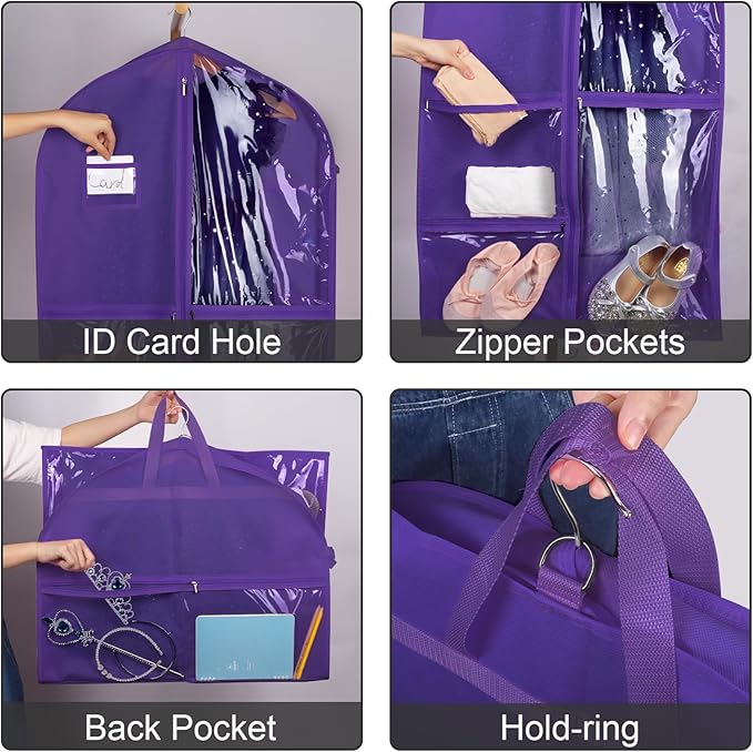 Zilink Clear Dance Costume Garment Bag for Dancers 40" Garment Bag for Dance Competitions with 5 Clear Zipper Pockets for Dance Costumes Closet Storage, Purple