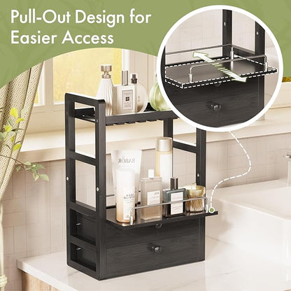 AmazerBath Bamboo Bathroom Countertop Organizer, 2-Tier Makeup Organizer with 2 Drawers, Vanity Organizer Storage Coffee Matcha Station, Compact Shelf for Bathroom Kitchen Office, Black