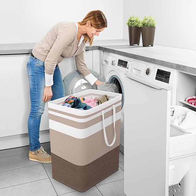 StorageRight Large Collapsible Laundry Basket Hamper with Easy Carry Handles，Freestanding Clothes Hampers for Laundry, Bedroom, Dorm, Towels, Toys, 100L, Khaki