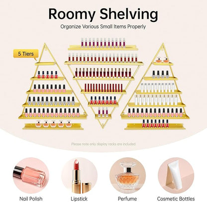 Elegant Gold Wall Mounted Nail Polish Rack - Set of 6 Triangular Cosmetic Display Shelves for Essential Oil Bottles, Organize Your Lipsticks and Perfumes in Style at Home or Salon (Gold)