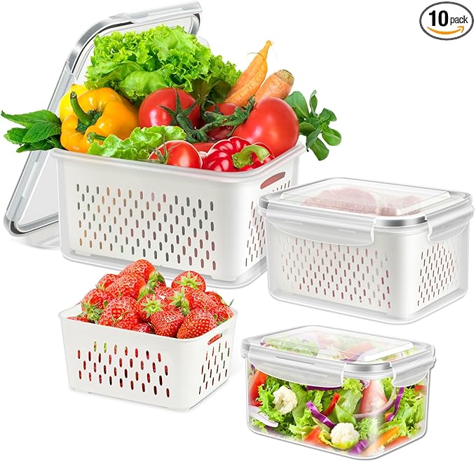 6 Pieces Large Fruit Produce Storage Containers for Fridge Keep Fresh, 3 PackLettuce Keeper with Colander, BPA-Free Plastic Berry Containers Vegetables Saver Refrigerator Organizer