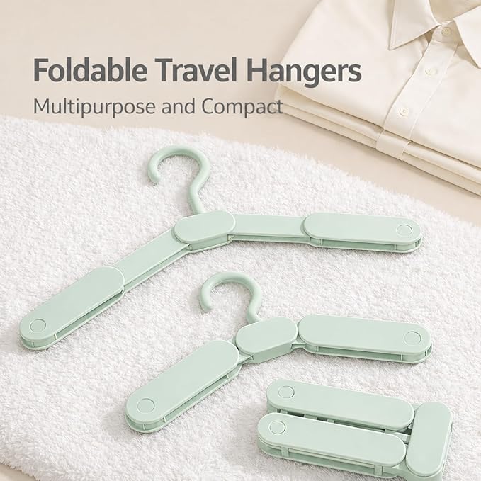 6 Pack Foldable Travel Hangers with 12 Clips, Portable Collapsible Clothes Hanger for Travel, Cruise, Hotel, Camping, Dorm, Space Saving Laundry Solution for Small Spaces (Light Green)