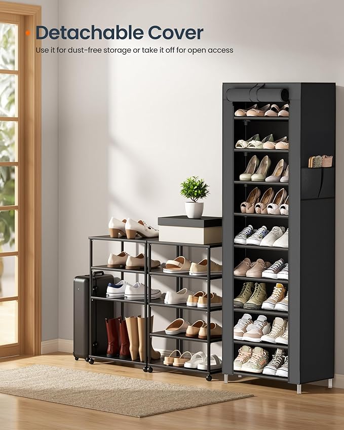 SONGMICS HOME Shoe Rack 10-Tier, Tall Narrow Metal Shoe Organizer with Dust Cover, 11.2 x 19.1 x 63.2 Inches, Vertical Storage Cabinet for Closet Entryway, Black