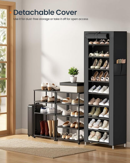 SONGMICS HOME Shoe Rack 10-Tier, Tall Narrow Metal Shoe Organizer with Dust Cover, 11.2 x 19.1 x 63.2 Inches, Vertical Storage Cabinet for Closet Entryway, Black