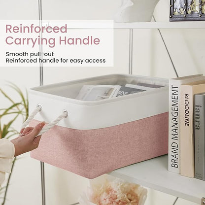 Large Storage Baskets- 15.7x11.8x8.26 inch Storage Bins for Shelves and Closet Organizing, Foldable Fabric Bin for Home Organization Clothes and Laundry (1-Pack, White&Pink)