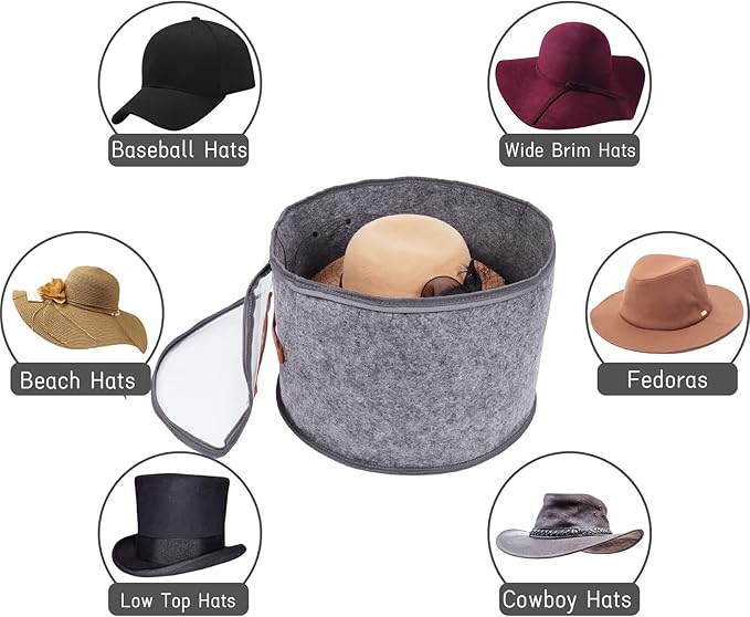 Foldable Round Hat Storage Box With Lid,Large Hat Box Travel, Decorative Closet Organizer For Women and Men, Can Store Various Types of Hats, 15.7x11 Inch,Gray