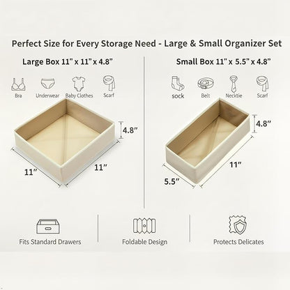 Underwear Drawer Organizer 2 Pack - Foldable Fabric Storage Bins for Dresser & Closet, Khaki Sock and Bra Dividers, 2 Sizes for Bedroom Organization