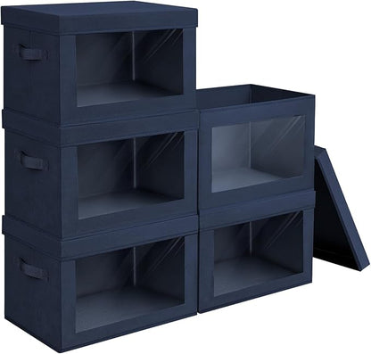 Homsorout Stackable Storage Bins with Lids - Medium Storage Box with Lids, Foldable Closet Boxes for Organizing, Wardrobe Clothes Organizer with Window, Cubes Bins for Living Room, 5 Pack, Navy Blue