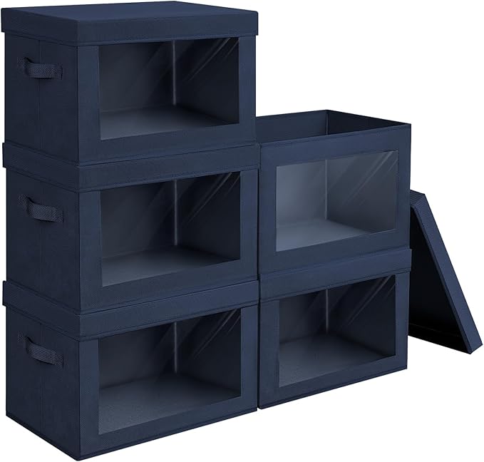 Homsorout Stackable Storage Bins with Lids - Large Decorative Basket with Lids, Fabric Foldable Closet Organizer Bins, Shelf Organizer for Living Room, Dorm, 5 Pack, Navy Blue