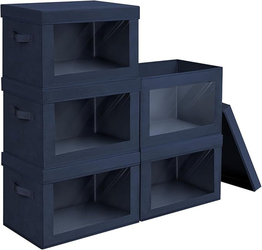 Homsorout Stackable Storage Bins with Lids - Large Decorative Basket with Lids, Fabric Foldable Closet Organizer Bins, Shelf Organizer for Living Room, Dorm, 5 Pack, Navy Blue