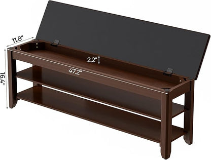 Homleke Shoe Rack Bench with Flip-Top Storage, Solid Wood Entryway Bench with Cushion, Adjustable Shelf, for Hallway, Mudroom, Closet – Walnut, 47.2"