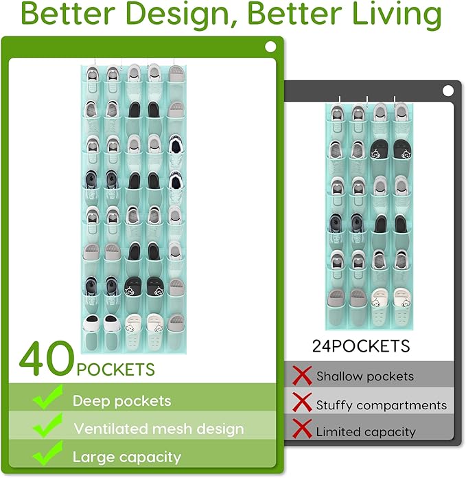 Over the Door Shoe Organizer with 40 Large Breathable Mesh Pockets, Space Saving Shoe Holder, Hanging Shoe Rack for Entryway Bedroom Closet Storage (Mint Blue, 40 Pockets)