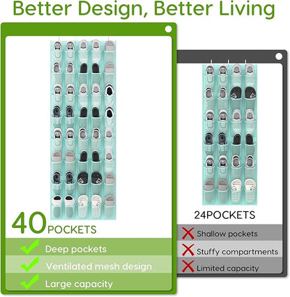 Over the Door Shoe Organizer with 40 Large Breathable Mesh Pockets, Space Saving Shoe Holder, Hanging Shoe Rack for Entryway Bedroom Closet Storage (Mint Blue, 40 Pockets)