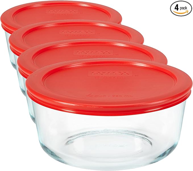 Pyrex Simply Store Glass Food Storage Container, Snug Fit Non-Toxic Plastic BPA-Free Lids, Freezer Dishwasher Microwave Safe, 4 Cup (Pack of 4)
