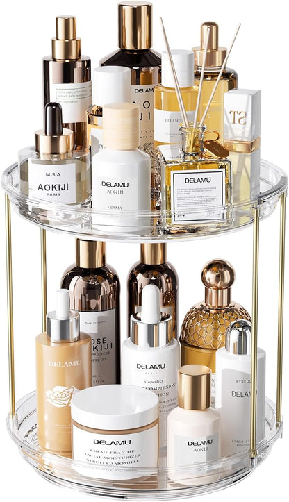 Delamu Rotating Makeup Organizer for Vanity, 2 Tier Bathroom Counter Organizer with Stackable Design, Spinning Skincare Organizer for Bathroom Countertop, Perfume Cosmetic Storage, Clear