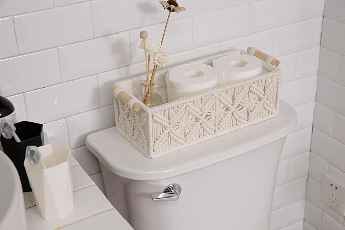 Nonam Macrame Storage Baskets, Boho Decor Style Woven Storage Boxes for Home Organization, Toilet Tank Shelf Cabinet Organizer Baskets,Set of 2 - White
