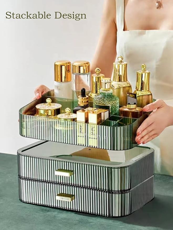 Makeup Organizer with Stackable Drawers, Bathroom Vanity Organizers and Storage, Ideal for Desk and Dresser Countertops, Great for Cosmetics, Skincare, Lipsticks, Nail Care - Green