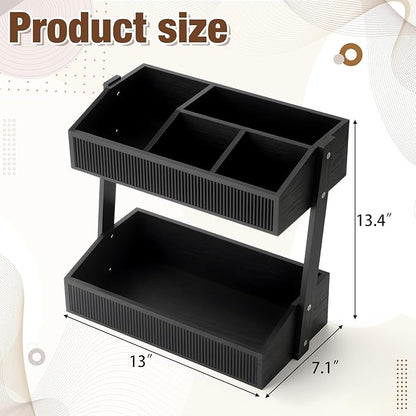 Novabright 2 Tier Paper Plate Dispenser for Kitchen Counter, Paper Plate Organizer, Rustic Wooden Utensil Holder for Party Countertop Cutlery Flatware Storage Rack for Napkin Cup Spoon Fork(Black)