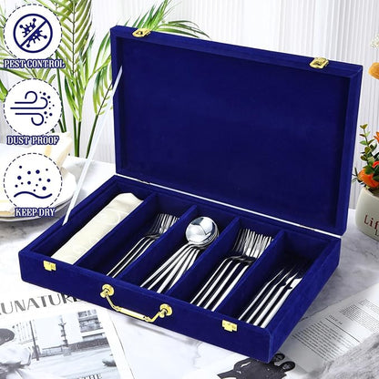 Pickmesh Silverware Case with Lid and Handle, Silverware Storage Box Sterling Silver Flatware Chest Without Silver Tarnish Proof Utensils Organizer for Kitchen Decor Wedding Gifts(Royal Blue,1 Layer)