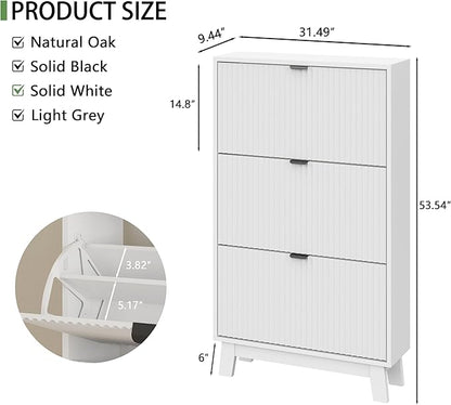 Xixini Shoe Cabinet with 3 Flip Drawers, 54" Tall Narrow Fluted Shoe Storage Organizer for Entryway, Hidden Slim Wooden Shoe Rack Cabinet for Front Door Entrance, Hallway, Living Room, Solid White