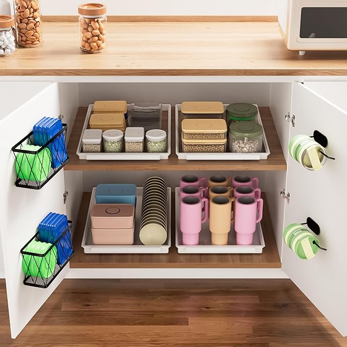 YIGII Kitchen Cabinet Organizer, 4 Pack Over Cabinet Door Organizer with 2 Baskets & 2 Lid Holders, Inside Cabinet Food Container/Tumbler Lid Storage, Pot Lid Holders, Black