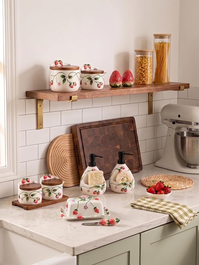 Ceramic Salt and Pepper Cellar Set with Spoons, Lids, and Tray | Decorative Strawberry Condiment Servers for Spices, Sugar, Seasonings, and More | Cottagecore Kitchen Decor, Holds 12oz. Each