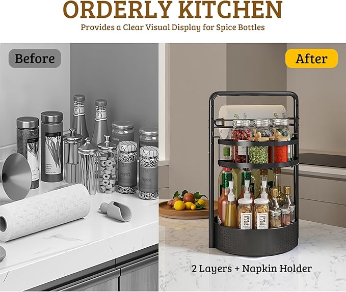 Rotating Spice Rack with Paper Towel Holder, 2 Tier Turntable Lazy Susan, Seasoning Organizer for Kitchen Countertop Cabinet, Black