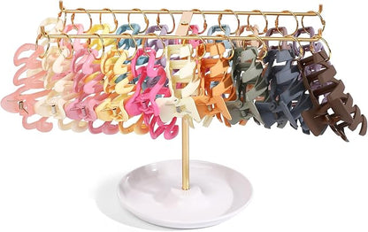 Metal Headband Holder Organizer, 2-Tier Headband Storage with Tray, Hairband Display Stand with Golden Rings, Hair Accessories Claw Clip Organizer for Women and Girls (Gold)