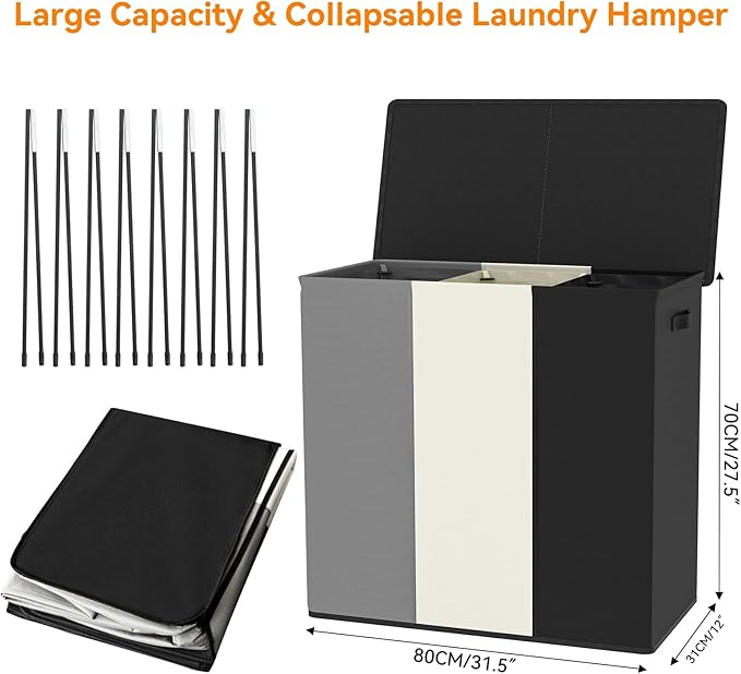 WOWLIVE 180L Laundry Hamper with Lid 3 Section,Large Laundry Basket with Removable Bags and Handles,Collapsible Dirty Clothes Hampers for Laundry,Laundry Basket Organizer for Laundry Room,Dorm