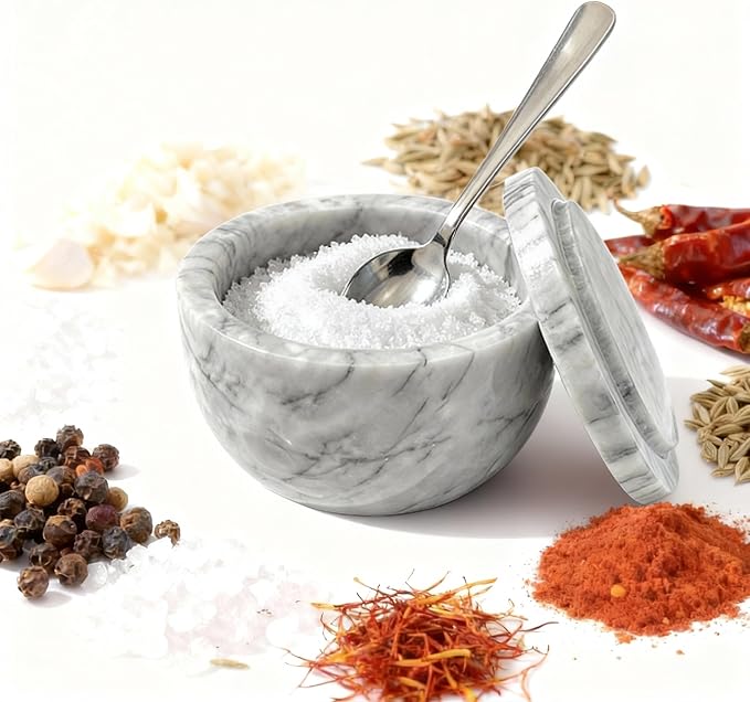 Marble Salt Shaker, Salt Shakers for Kitchen, Salt and Pepper Shaker（Lid And Spoon）, Sugar Bowl, Suitable for Salt and Pepper, Coffee Beans and kitchen counter decor,Cloudy White（NS048）