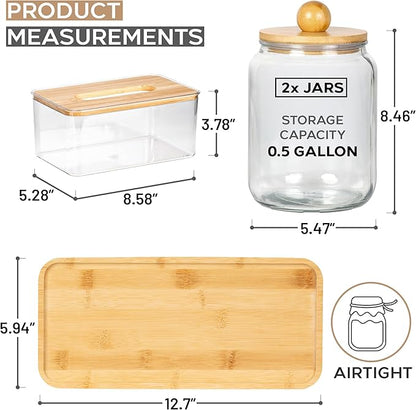 Glass Laundry Jars with Airtight Lids - Kitchen & Laundry Room Organization Containers with Dryer Sheet Holder,Bamboo Tray - Laundry Detergent Powder Half Gallon Storage Canisters with Labels