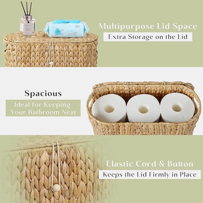 YANGQIHOME Toilet Paper Storage, Water Hyacinth Toilet Paper Storage with Lid, Papers Container for up to 9 Mega Rolls, Bathroom Basket Organizer