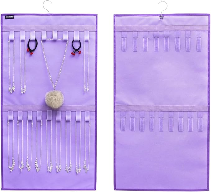Dual-sided Hanging Jewelry Organizer with 34 Hook Loops Wall Mounted Necklace Holder Jewelry Display Storage Hanger for Bracelet Chain (PURPLE)
