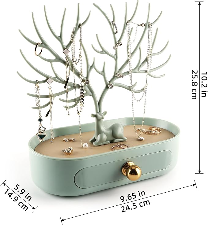 MORE&LESS Antlers Jewelry Display Stand with Aluminium alloy handle, Tree Tower Rack Hanging Organizer for Ring Earrings Necklace Bracelet, Deer Horn Tree Stand with Storage Drawer and Tray