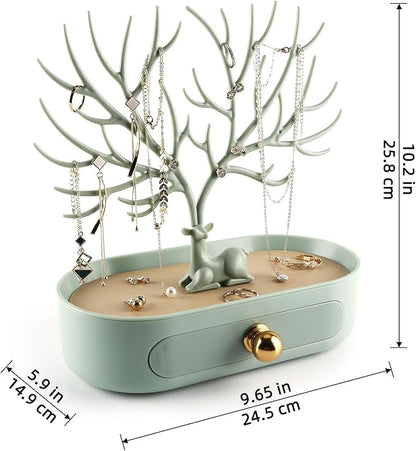 MORE&LESS Antlers Jewelry Display Stand with Aluminium alloy handle, Tree Tower Rack Hanging Organizer for Ring Earrings Necklace Bracelet, Deer Horn Tree Stand with Storage Drawer and Tray