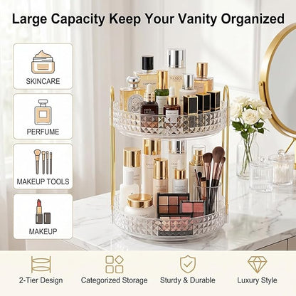 Fangoo 2 Tiers Clear Rotating Makeup Organizer for Vanity, 360 Spinning Skincare Organizers for Dresser Perfume Organizer Large Skincare Make up Storage Cosmetic Organizer for Bathroom Countertop