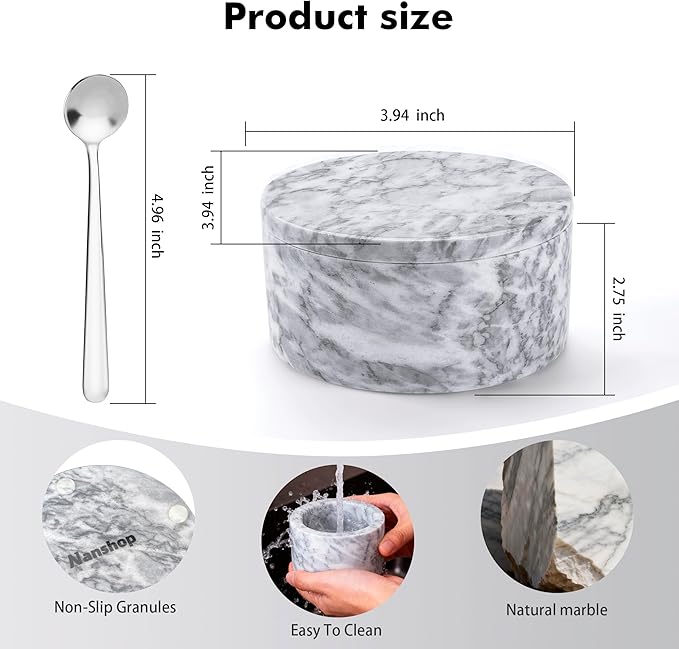 Marble Salt Shaker,Salt Cellar with Lid and Spoon,Pepper Shakers, Sugar Shakers, Suitable for Salt and Pepper,Vanilla Powder, Coffee Beans, kitchen counter decor,Cloudy White（NS047）