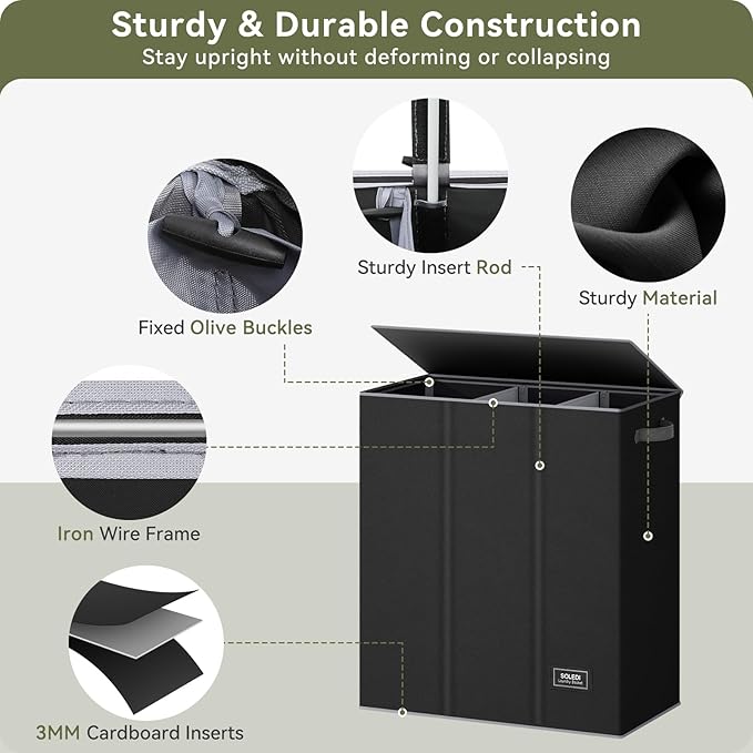 SOLEDI 160L Laundry Hamper 3 Section, Extra Large Laundry Hamper with Lid, Dirty Clothes Hamper with Sturdy Handle, Large Laundry Basket Organizer for Laundry Room, Bedroom, Hampers for Laundry