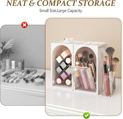FOLLOWIN Compact Makeup Organizer for Vanity,Lipstick Holder with Grid & Makeup Brush Organizer with Flip Drawer,Cosmetic Organizer Set for Cosmetics,Brushes,Lipsticks,Milk White & Clear