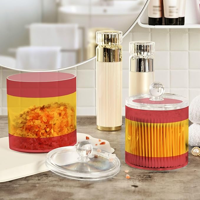 DOMIKING Spain Flag 2 Pack Bathroom Canisters Cotton Swab Holder Dispenser Plastic Cotton Ball Jar Acrylic Storage Containers for Cotton Swab Cotton Ball Cotton Round Pads