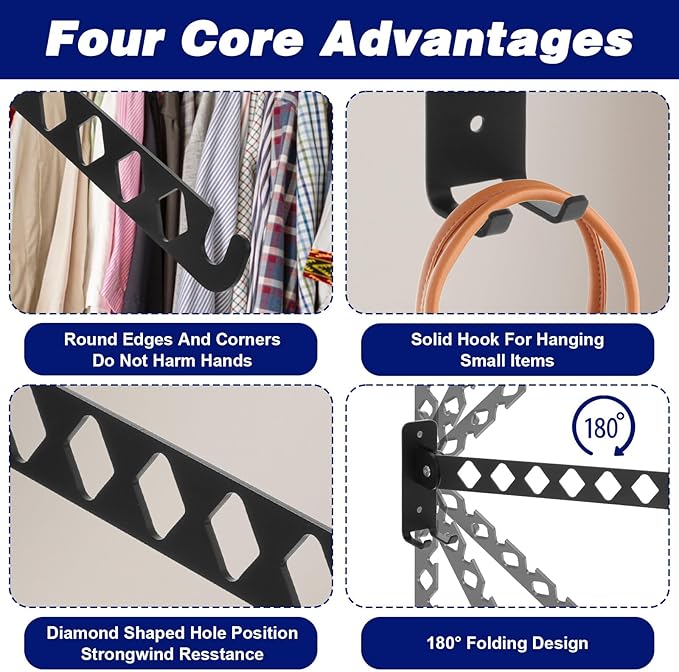 Kifmurase 2Pcs Wall Mount Coat Hanger, Black Clothes Drying Organizer Rack, Retractable Folding Indoor Wall Mounted Holder, Closet Storage Organizer for Laundry Room Bedroom with 40cm Rod