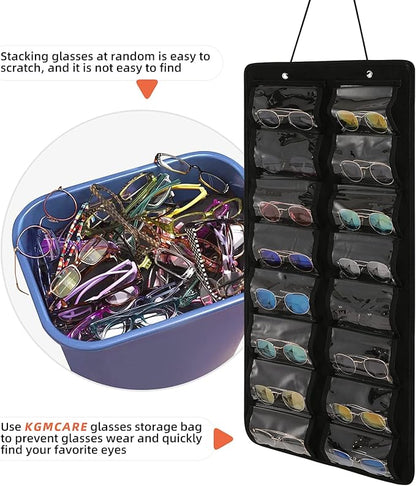 Sunglasses Organizer Storage - 16 Slots Glasses Storage Wall Pocket Display Hanging on Door, Eyewear Display, Dust-Proof (Black, Dust-Proof)