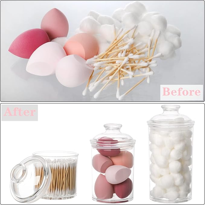 Lyellfe Set of 3 Acrylic Apothecary Jars, Vanity Organizer Canister with Airtight Lids, Bathroom Cotton Swab Holder, Clear Storage Jar for Candy, Bath Salt, Cotton Ball, 34 oz, 25 oz, 17 oz