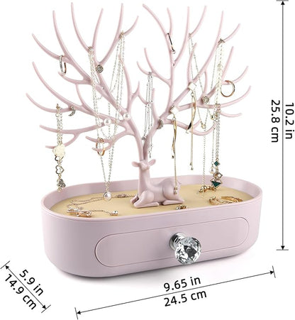 MORE&LESS Antlers Jewelry Display Stand with Drawer and Crystal Handle, Tree Tower Rack Hanging Organizer for Ring Earrings Necklace Bracelet