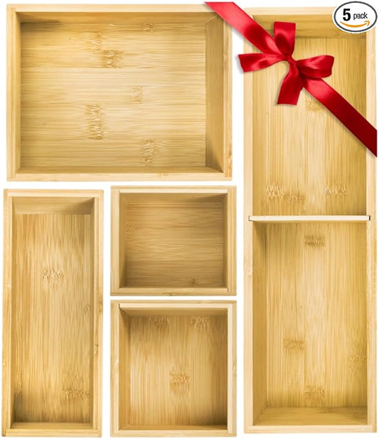 ZAVOOS 5 Pieces Bamboo Drawer Organizer, Multi-Use Individual Junk Tea Storage Drawer Tray Set with Removable Dividers, Adjustable Cutlery Utensils Holder Bin for Kitchen, Office, Bathroom