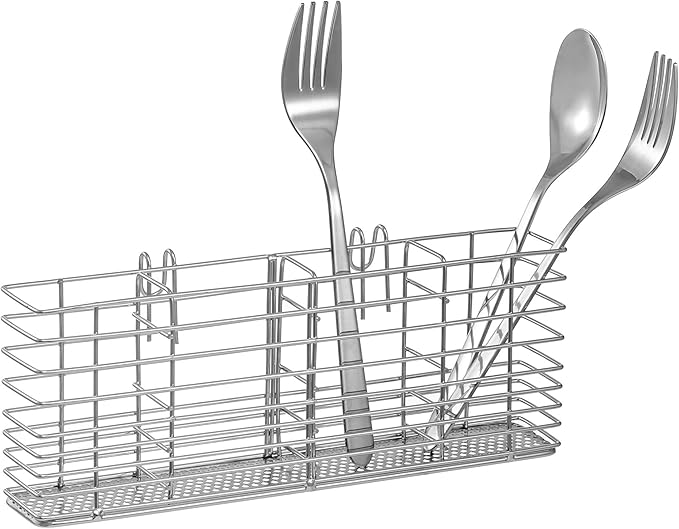 Slideep Stainless Steel Cutlery Utensil Holder Silverware Organizer with Hooks removable Drying Rack Silverware Holder Utensil Cutlery Basket Kitchen Dish Drainer Dish Drying Rack