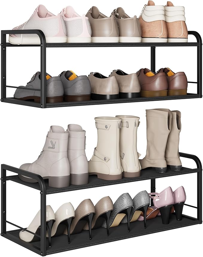 2 Pack Wall Mounted Shoe Rack, Carbon Steel Shoe Organizer with Removable Oxford Cloth, Non-Slip Space-Saving for Entryway Closet Bedroom, Black